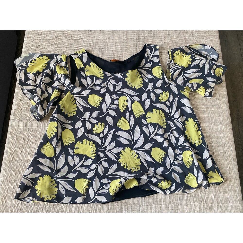 Animale Yellow White Floral Cold Shoulder Silk Blouse Botanical Print 42 (M)